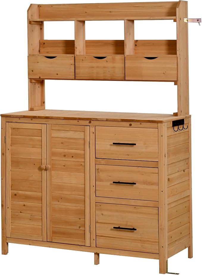 Merax Farmhouse Potting Bench with 6 Drawers, 44.6” Large Garden Workstation, Outdoor Kitchen Island with Bottom Cabinet & Hooks, Freestanding Patio Furniture,Natural Wood