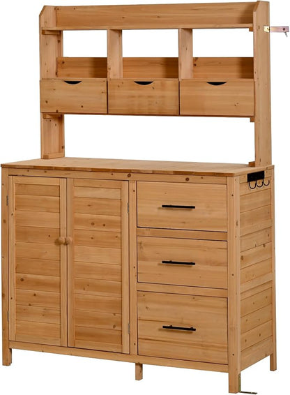 Merax Farmhouse Potting Bench with 6 Drawers, 44.6” Large Garden Workstation, Outdoor Kitchen Island with Bottom Cabinet & Hooks, Freestanding Patio Furniture,Natural Wood