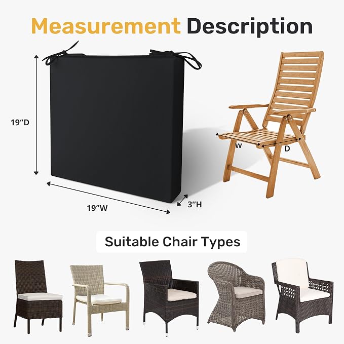 UNIKOME Outdoor Chair Cushions Pack of 4, Water Resistant Patio Cushions with Ties, High Density Sponge Filling Square Corner Seat Cushions for Outdoor Furniture, 19"*19"*3", Black
