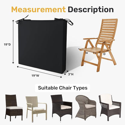UNIKOME Outdoor Chair Cushions Pack of 4, Water Resistant Patio Cushions with Ties, High Density Sponge Filling Square Corner Seat Cushions for Outdoor Furniture, 19"*19"*3", Black