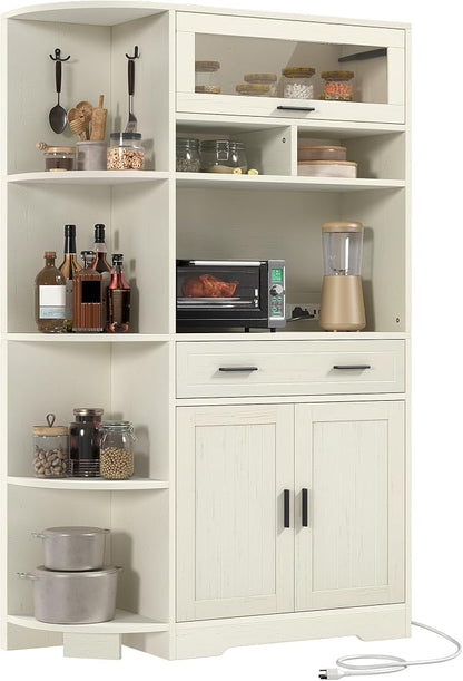 DWVO 67" Farmhouse Baker Rack with Power Outlets & Microwave Stand, White | Buffet Sideboard Cupboard Hutch with Drawer for Kitchen, Living Room, and Dining Room
