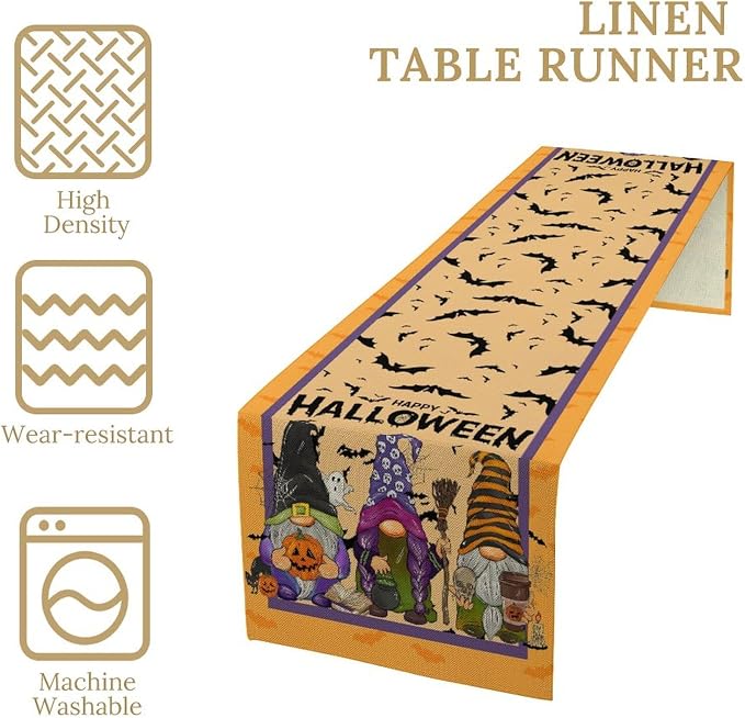 Halloween Gnome Table Runner Burlap for Home Kitchen Dining Dinner Indoor Outdoor Party Farmhouse Table Decor 13x108 Inch