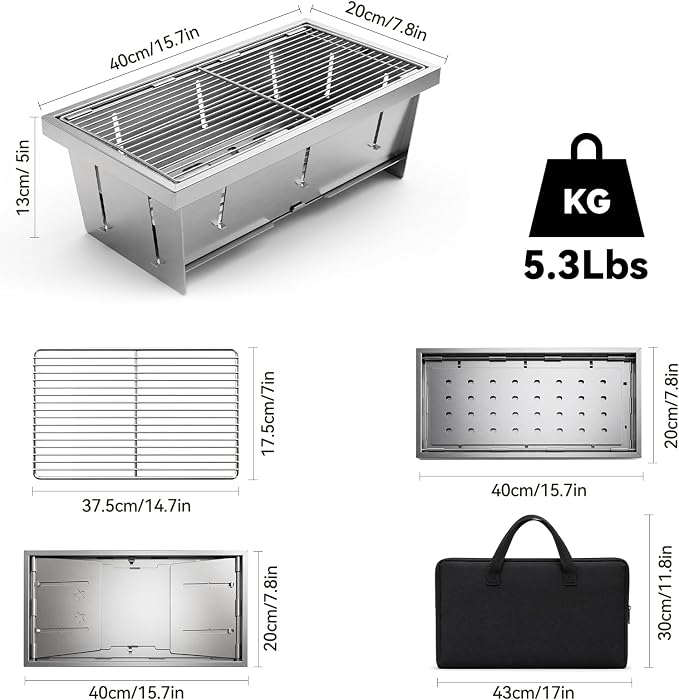 Portable Stainless Steel Charcoal Grill, Foldable Tabletop BBQ Grill for Camping, Backpacking, Hiking, Picnic - Ultra Compact & Lightweight