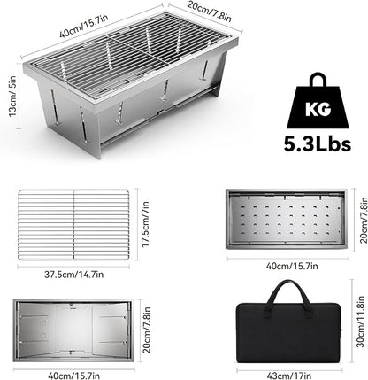 Portable Stainless Steel Charcoal Grill, Foldable Tabletop BBQ Grill for Camping, Backpacking, Hiking, Picnic - Ultra Compact & Lightweight
