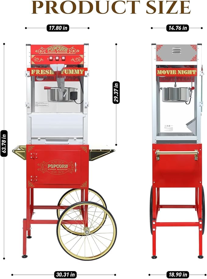 20 Oz Popcorn Machine with Cart, Vintage Movie Theater Style Pop Corn Popper with 16" Bicycle-Style Wheels & a Cabinet for Home Theater, Parties, Events, Red