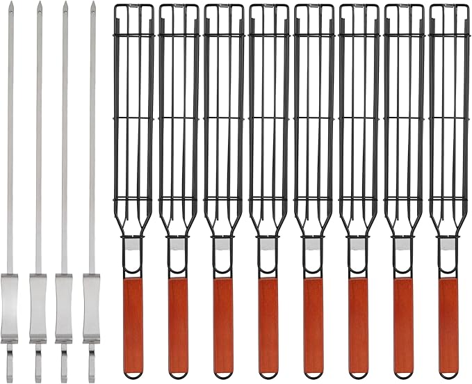 IRSTBL – Kebab Grill Basket Set – 8 Nonstick BBQ Baskets with Wooden Handles & 4 Steel Skewers – Reusable Grilling Tools for Meat, Veggies, Fish – 17 Inches