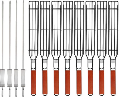IRSTBL – Kebab Grill Basket Set – 8 Nonstick BBQ Baskets with Wooden Handles & 4 Steel Skewers – Reusable Grilling Tools for Meat, Veggies, Fish – 17 Inches