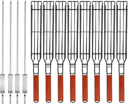 IRSTBL – Kebab Grill Basket Set – 8 Nonstick BBQ Baskets with Wooden Handles & 4 Steel Skewers – Reusable Grilling Tools for Meat, Veggies, Fish – 17 Inches