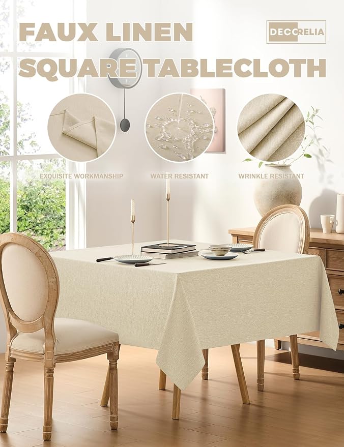 Decorelia Faux Linen Square Tablecloth for Dining Room,Waterproof Texture Decorative Farmhouse Rustic Table Cloth for Indoor Outdoor Party, Holiday, Banquet Picnics, Patio,70 x 70 Inch (Square),Beige