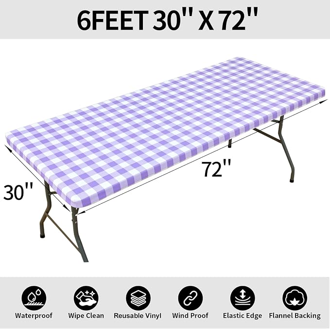 Smiry Rectangle Picnic Table Cloth, Elastic Waterproof Fitted Vinyl Tablecloths, Flannel Backed Buffalo Plaid Table Covers for Dining, Camping, Outdoor (White and Purple, 30" x 72")