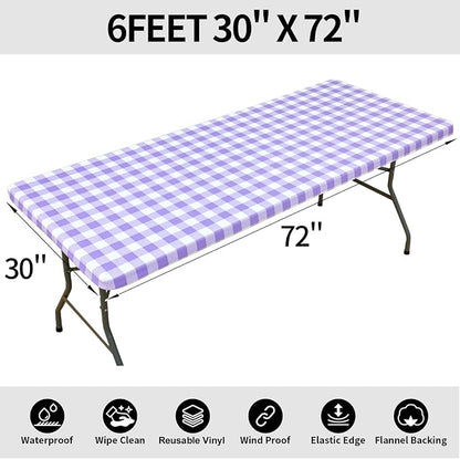 Smiry Rectangle Picnic Table Cloth, Elastic Waterproof Fitted Vinyl Tablecloths, Flannel Backed Buffalo Plaid Table Covers for Dining, Camping, Outdoor (White and Purple, 30" x 72")