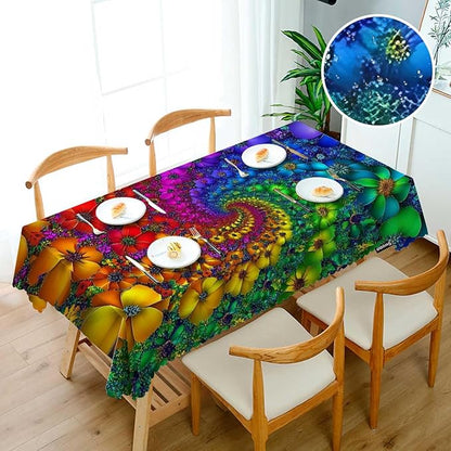 Swono Tie Dye Tablecloth Rainbow Spirals Flower Petals Tie Dye Rectangle Table Cloth Washable Plaid Table Cover for Kitchen Holiday Dinner, 52x 70 Inch Tablecloth