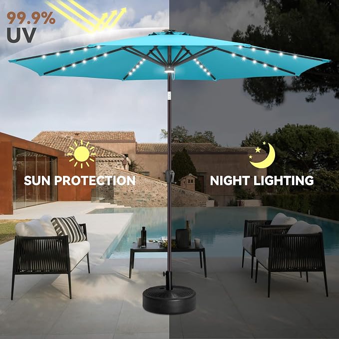 Solar Patio Umbrella with Centre Light, 10 ft Aqua Blue | 40 LED Lights, UV Protection, Solar Outdoor Umbrella for Porch, Deck, Pool, Table, Garden, Provides Evening Lighting