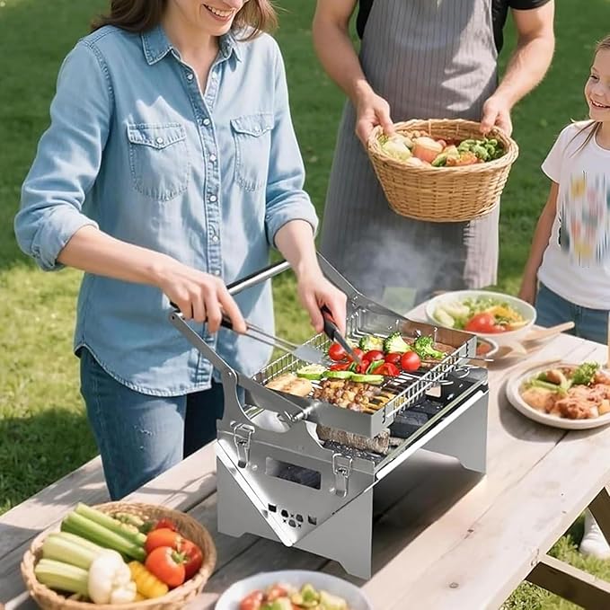 Portable 360°Rotating Charcoal Grill,Portable BBQ with Removable Tray & Adjustable Steel Frame, 3-Position Height Adjustment,Easy to Disassemble,Easy to Transport