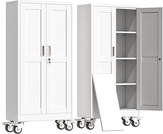 erosoei 61" H Metal Garage Storage Cabinet, Rolling Tool Cabinet with 2 Doors and Wheels, Locker Steel Cabinet with 3 Adjustable Shelves, Organization Cabinet for Garage,Office,Home,Gym,School（White）