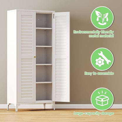 63.6" White Metal Pantry Storage Cabinet, Farmhouse Kitchen Cupboard with 3 Adjustable Shelves, Magnetic Closure, Anti-Tip Kit & Raised Legs for Kitchen, Living Room, Assembly Required