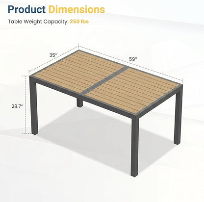Aluminum Outdoor Table for All-Weather, 59" Patio Tables with Heavy Duty HDPS Rectangular Tabletop, Outside Table with Quick-Drying Slatted Design for Porch, Patio, Garden, Deck, Poolside, Backyard