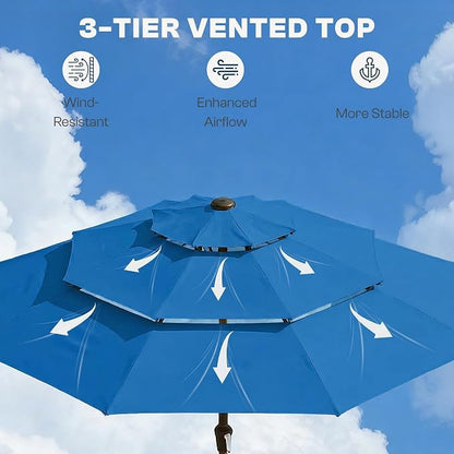 10ft 3 Tier Patio Umbrella, Outdoor Market Table Umbrella with UPF 50+ Vented Canopy, 8 Sturdy Ribs, Easy Push Button Tilt and Crank, Windproof for Deck, Pool, Backyard and Garden