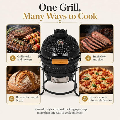 Ceramic Charcoal BBQ Kamado Griller - Portable Small Tabletop Smoker - Round Barbecue Grill and Cooker for Variations on Cooking (Black)
