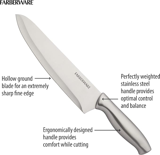 Farberware 15-Piece Knife Block Set, High-Carbon Stainless Steel Kitchen Knife Set with Black Wood Block, Chef Knife, Bread Knife, Santoku, Steak Knives and Sharpening Steel