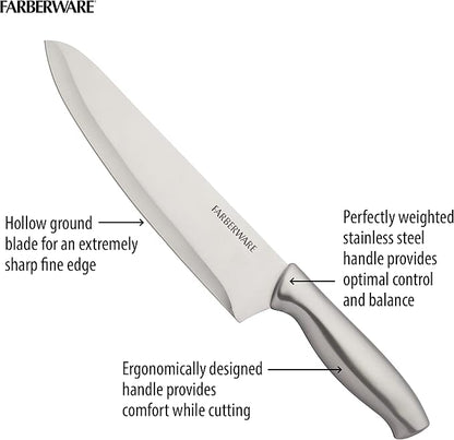 Farberware 15-Piece Knife Block Set, High-Carbon Stainless Steel Kitchen Knife Set with Black Wood Block, Chef Knife, Bread Knife, Santoku, Steak Knives and Sharpening Steel