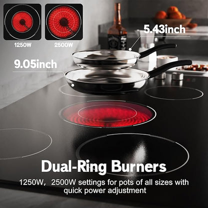 36 Inch Electric Cooktop 5 burner Karienvir, 8900W Built-in Electric Stove Top, Cooktop 36" with Double-ring Burner, Knob & Touch Control, 9 Power Levels, Timer, Safety Lock, 220V-240V Hard Wire