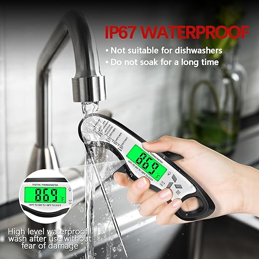 Meat Thermometer Digital，IP67 Waterproof Cooking Thermometer with Backlight, Calibration & Hold Function，Food Thermometer for Cooking,Outdoor Grilling