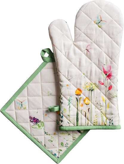 Maison d' Hermine 100% Cotton Oven Mitt & Pot Holder Set (7.5"x13" & 8"x8") Heat Resistant BBQ Cooking Gloves with Loop Baking Grilling Kitchen Hotel Home Farmhouse Spring Summer (Botanical Fresh)