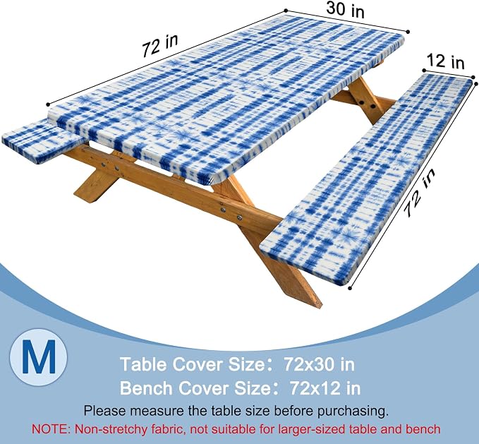 Picnic Table Cover with Bench Covers Windproof Waterproof Picnic Table Covers Camping Tablecloth with Self-Storage Bag, 72in, Blue Tie-dye