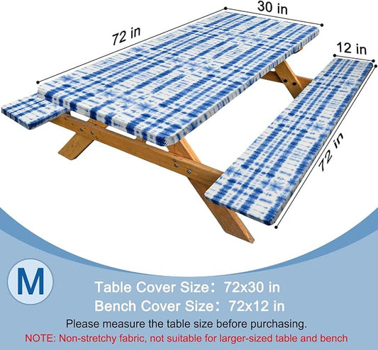 Picnic Table Cover with Bench Covers Windproof Waterproof Picnic Table Covers Camping Tablecloth with Self-Storage Bag, 72in, Blue Tie-dye