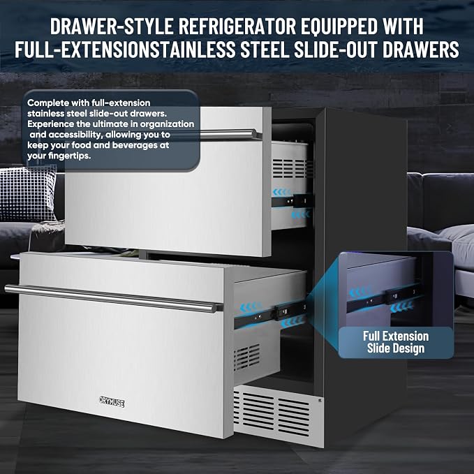 ORYMUSE 24 Inch Outdoor Drawer Refrigerator, Undercounter Beverage Cooler Fridge with Stainless Steel Seamless Drawers, 154 Can Capacity Beverage Center for Patio, Kitchen and Commercial Use
