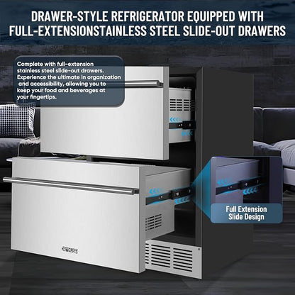 ORYMUSE 24 Inch Outdoor Drawer Refrigerator, Undercounter Beverage Cooler Fridge with Stainless Steel Seamless Drawers, 154 Can Capacity Beverage Center for Patio, Kitchen and Commercial Use