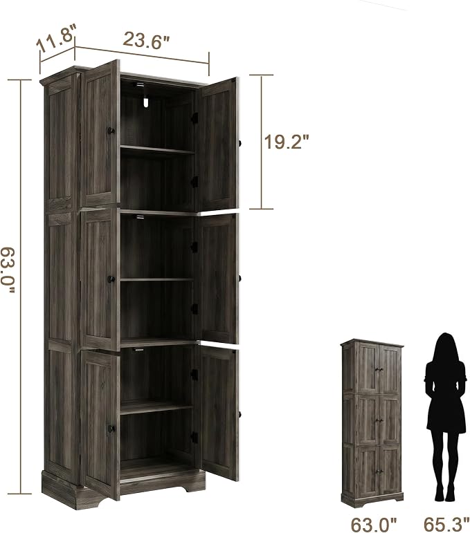 ChooChoo 63.2" Tall Bathroom Storage Cabinet with 6 Doors | Freestanding Floor Cabinet, Adjustable Shelves, Pantry Cabinet for Bathroom, Kitchen, Laundry Room, Rustic Weathered Gray