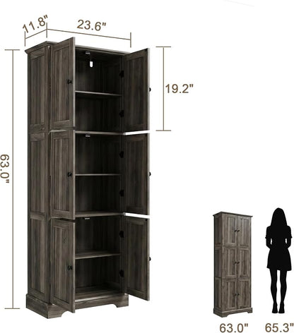 ChooChoo 63.2" Tall Bathroom Storage Cabinet with 6 Doors | Freestanding Floor Cabinet, Adjustable Shelves, Pantry Cabinet for Bathroom, Kitchen, Laundry Room, Rustic Weathered Gray