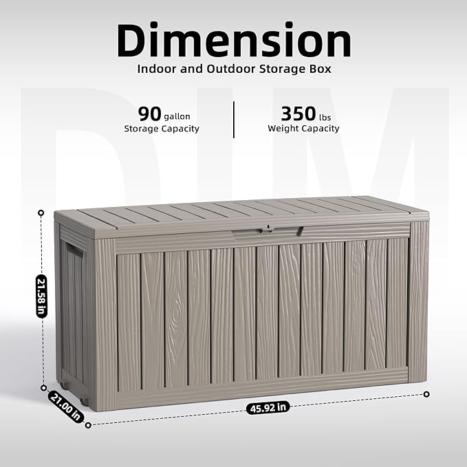 PatioZen 90 Gallon Deck Box Outdoor, Weatherproof Resin Patio Storage Box, Waterproof Outdoor Storage Boxes with Lid Lockable for Cushions, Garden Tools,Grey
