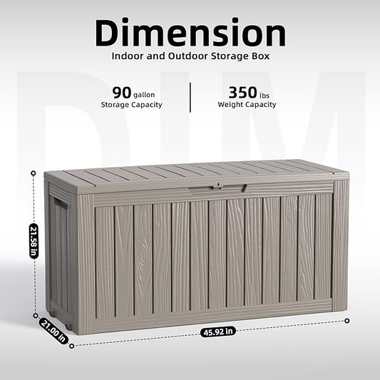 PatioZen 90 Gallon Deck Box Outdoor, Weatherproof Resin Patio Storage Box, Waterproof Outdoor Storage Boxes with Lid Lockable for Cushions, Garden Tools,Grey