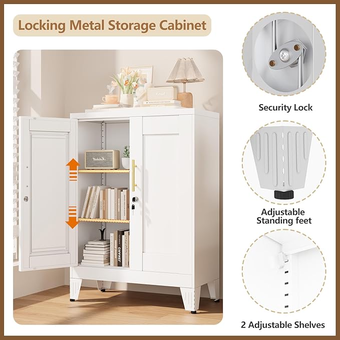 GAIOUS White Metal Pantry Cabinet with Lock(Two Units), Sideboard Buffet Storage Cabient with Doors and 2 Adjustable Shelves, Multifunctional Kitchen Cupboard for Home Office, Buffet Table