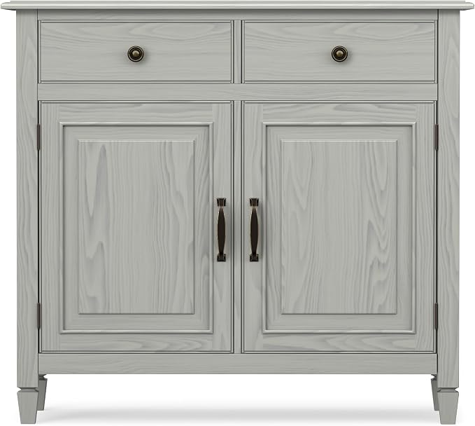 SIMPLIHOME Connaught 40" Wide Solid Wood Cabinet in Fog Grey | Traditional slim entryway and living room organizer for hats, gloves, shoes and keys with space-saving storage design.