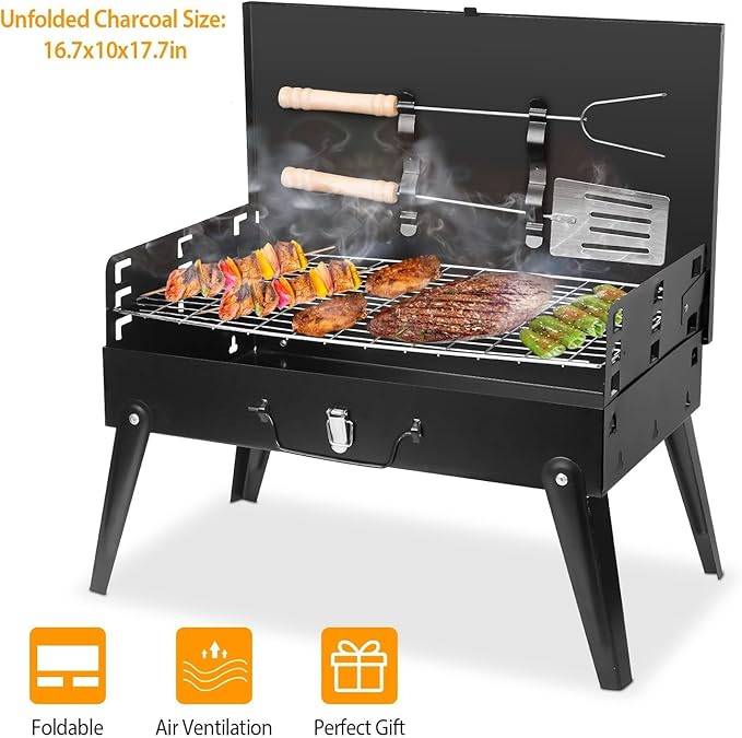KOCASO Portable Charcoal Grill, Foldable BBQ Suitcase Grill Shelf for Outdoor Camping Picnics Garden Grilling – 16.7x10x17.7 in