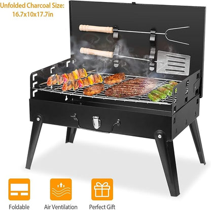 Charcoal Grill, Portable BBQ Foldable Barbecue Charcoal Grill Suitcase Grill Shelf for Outdoor Cooking Camping Picnics Garden Grilling/16.7x10x17.7inches
