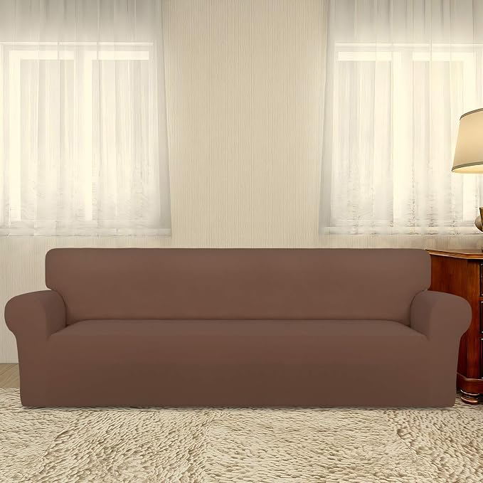PureFit Stretch Couch Covers for Sofa 4 Seater Slipcovers Brown | 1-Piece Sofa Cover Washable Soft Couch protector, Couch Slipcover with Non Skid Foam and Elastic Bottom for Kids, Dogs