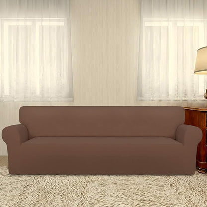 PureFit Stretch Couch Covers for Sofa 4 Seater Slipcovers Brown | 1-Piece Sofa Cover Washable Soft Couch protector, Couch Slipcover with Non Skid Foam and Elastic Bottom for Kids, Dogs