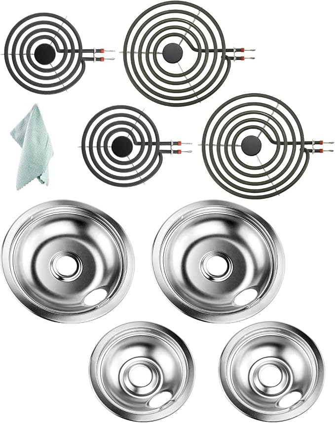 4 Pack Chrome Drip Pans & MP22YA Electric Stoves Burner Elements by Fetechmate, Fit for F-rigidaire Ken-more Electric Stove, Best Value Combo Sets with 25% Thicker Heating Wire for More Stable