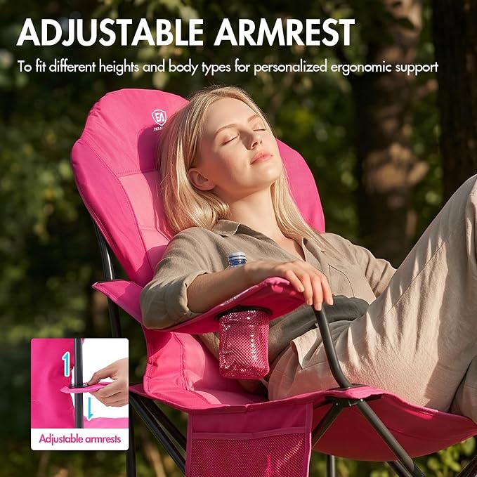 EVER ADVANCED Oversized Camping Chairs, Folding Chairs for Outside Heavy Duty 400LBS Lawn Chairs High Back Camp Chair with Cup Holder for Outdoor, Fishing & Sports, Pink
