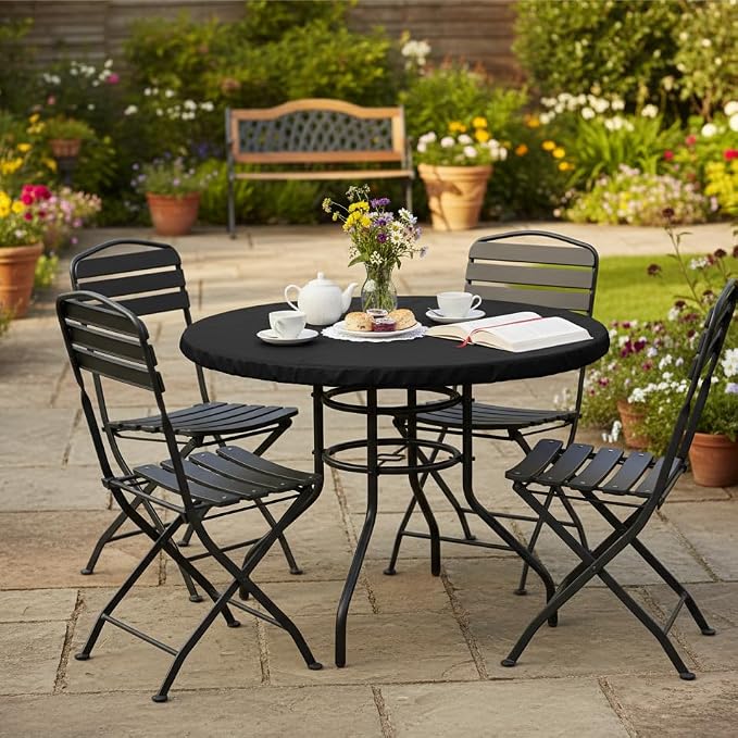LUSHVIDA Round Waterproof Table Cover Elastic Vinyl Fitted Tablecloth Elastic Edged Plastic Table Cloth (Black, Best for Up to 57"-68" Round)