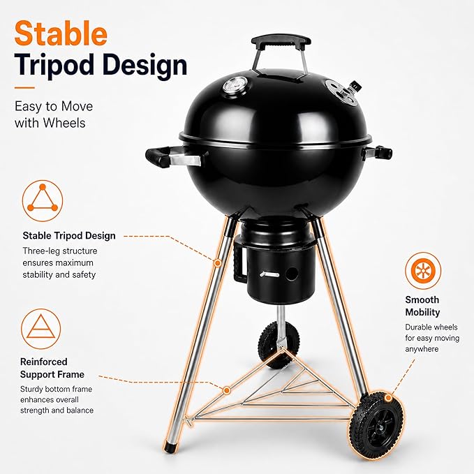 18 Inch Charcoal Grill with Lid & Ash Catcher, Kettle BBQ Grill for Backyard & Patio, Easy Temperature Control, Family Grill for 4–6 People