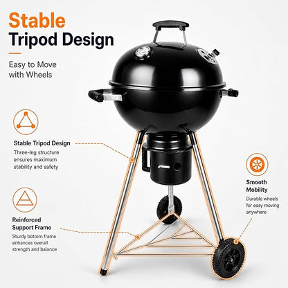 18 Inch Charcoal Grill with Lid & Ash Catcher, Kettle BBQ Grill for Backyard & Patio, Easy Temperature Control, Family Grill for 4–6 People