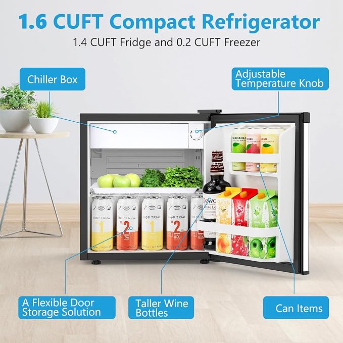 Electactic 1.7 Cu.ft Mini Fridge, Compact Refrigerator, Single Reversible Door, Ultra Quiet, Energy Efficient for Office, Dorm, Bedroom, Apartment, Silver
