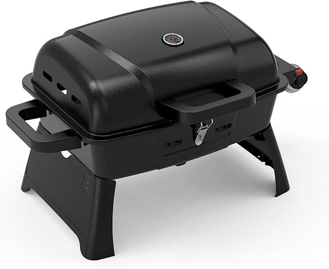 Brand-Man Portable Gas Grill with Locking Lid Folding Legs 10,000 BTU Burner 240 sq.in. Cooking Area Tabletop Small Propane Grill Foldable for Outdoor Cooking, Backyard BBQs, Vacation Camping