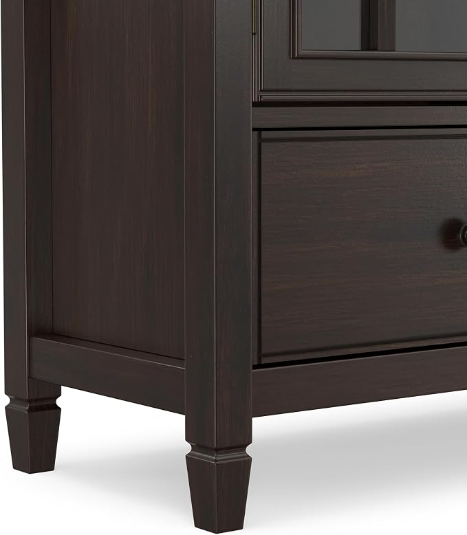 SIMPLIHOME Connaught 46" Solid Wood Tall Cabinet in Dark Chestnut Brown | Traditional tall console cabinet with glass doors, adjustable shelves and drawers for living or dining room storage.